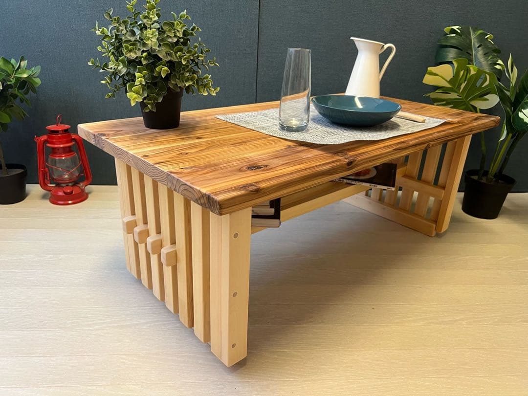 【オーダー】 ローテーブル 和風 木組縦格子 収納付き 送料無料】 ローテーブル 和風 木組縦格子 収納付き90cm 45cm 杉