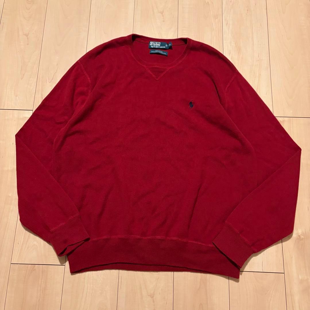 90s ラルフローレン コットン ニット ポニー 赤 XL 前v クルーネック