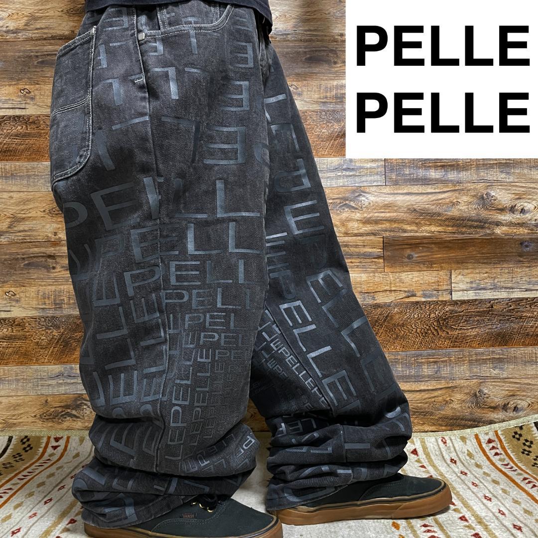 ペレペレ総柄ブラックデニム黒ジーンズストリートバギーデニム刺繍y2kb