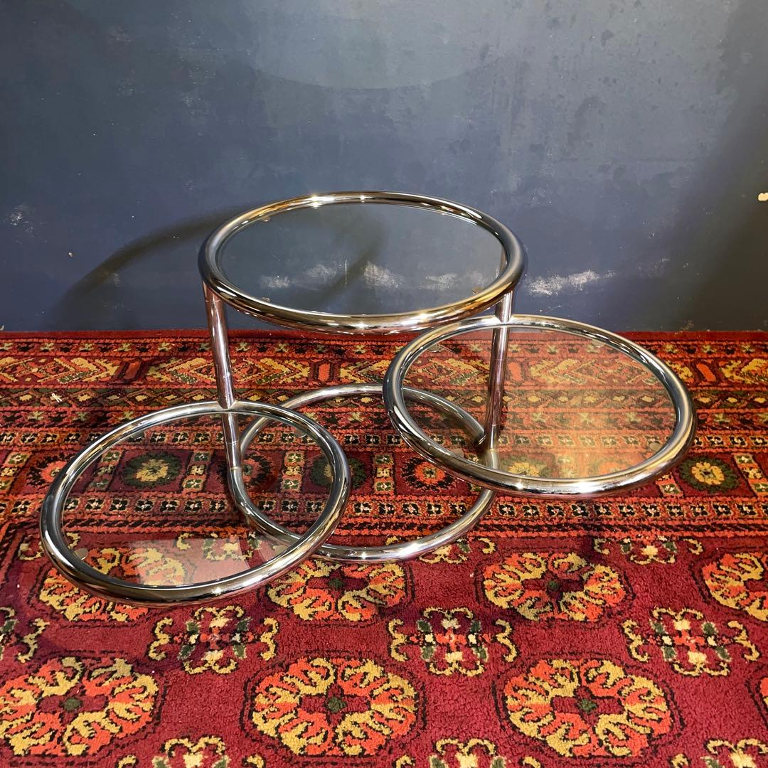 ミッドセンチュリー　ラウンドテーブル　スペースエイジ　 ガラス製3段テーブル ミッドセンチュリー スペースエイジ センターテーブル ガラステーブル