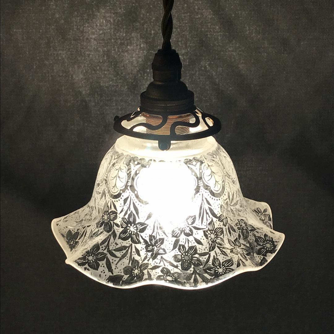 ③　英国アンティーク　エッチングガラス　ボタニカル　ランプシェード イギリス アンティーク クランベリー ガラス エッチング ランプ