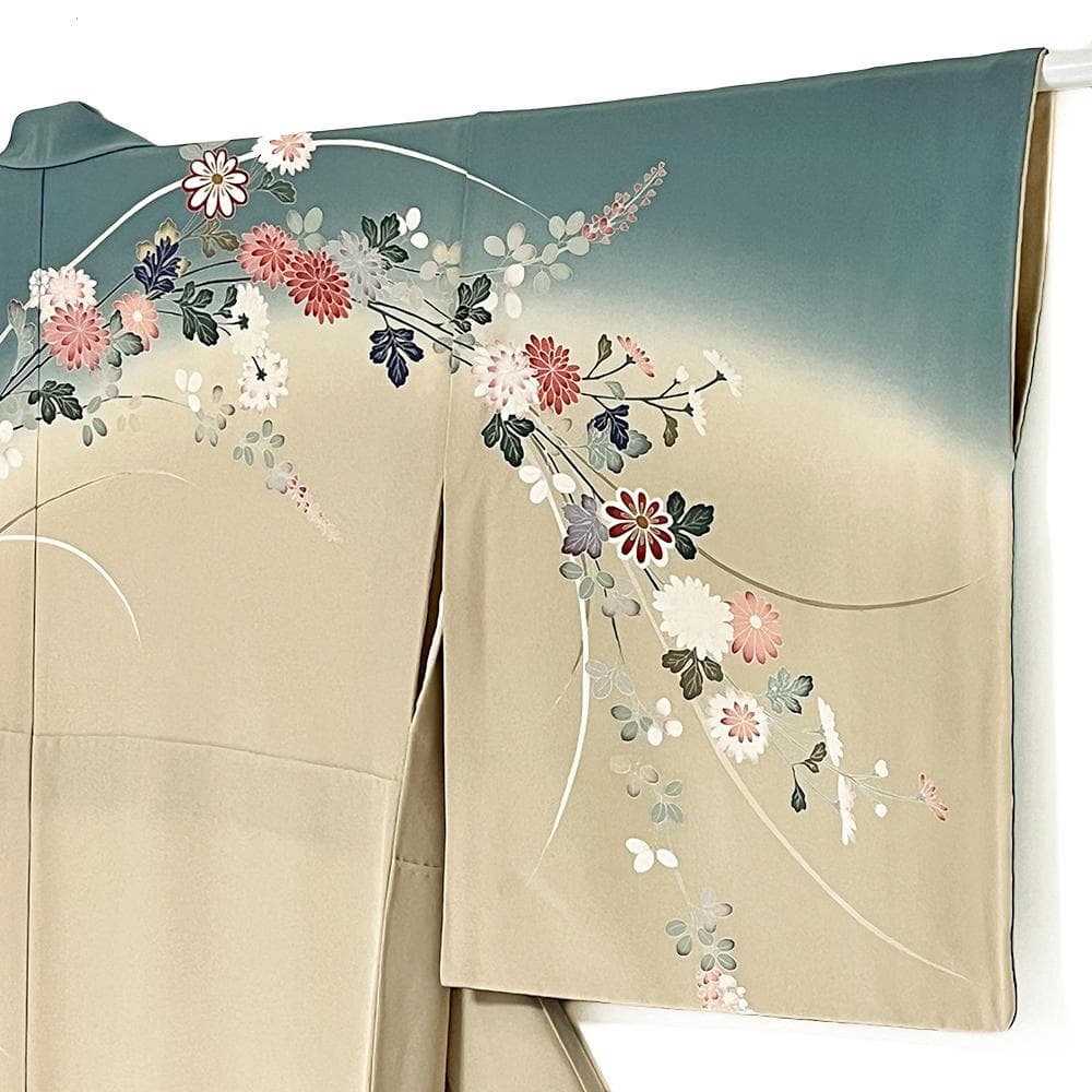 十日町友禅 正絹 訪問着 ちりめん 水色 手描友禅 №ymk0049