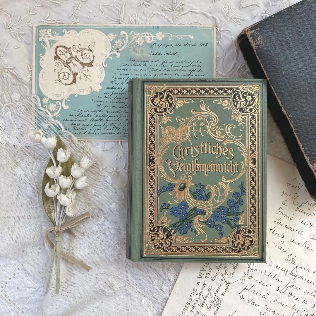 L-314洋書古書ドイツアンティーク金彩わすれな草の装丁のメモリアル