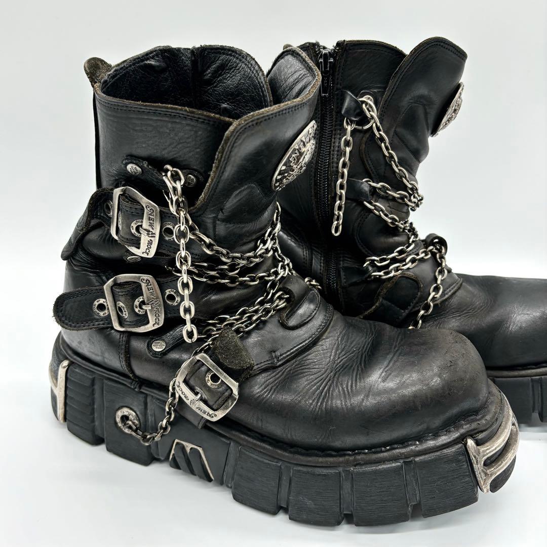 希少◎NEW ROCK エンジニアブーツ チェーン スカル 厚底 レザー 黒