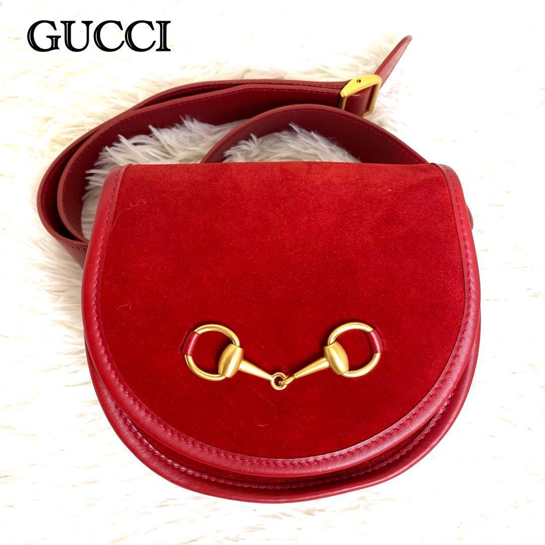 【極美品】グッチ ウエストポーチ ホースビット レザー スエード レッド 金 GUCCI】【ヴィンテージ】グッチ『ホースビット スエード ワン