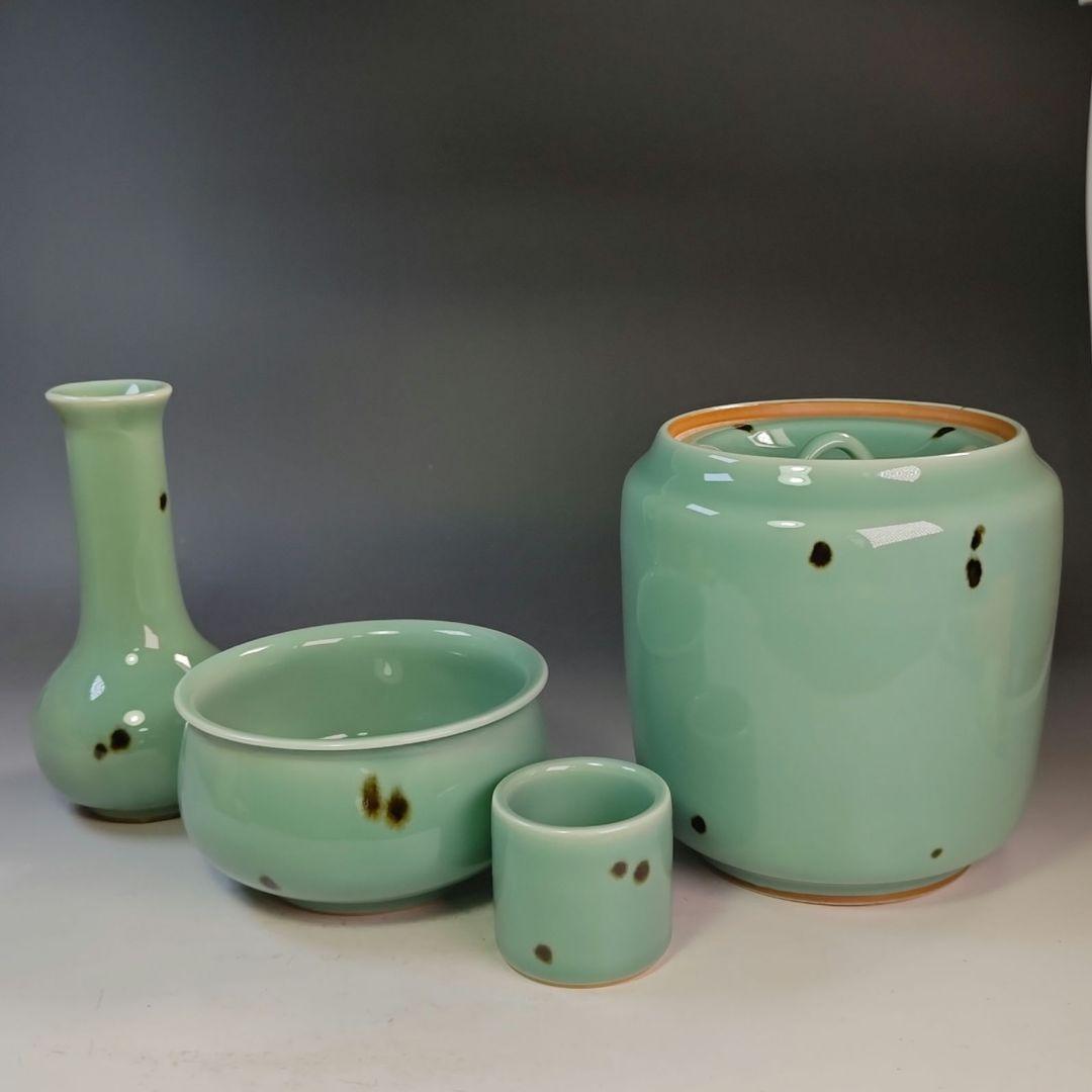 イ945 皆具『千右窯』『飛青磁 皆具 共箱』茶道具 水指 健水 杓立 蓋置