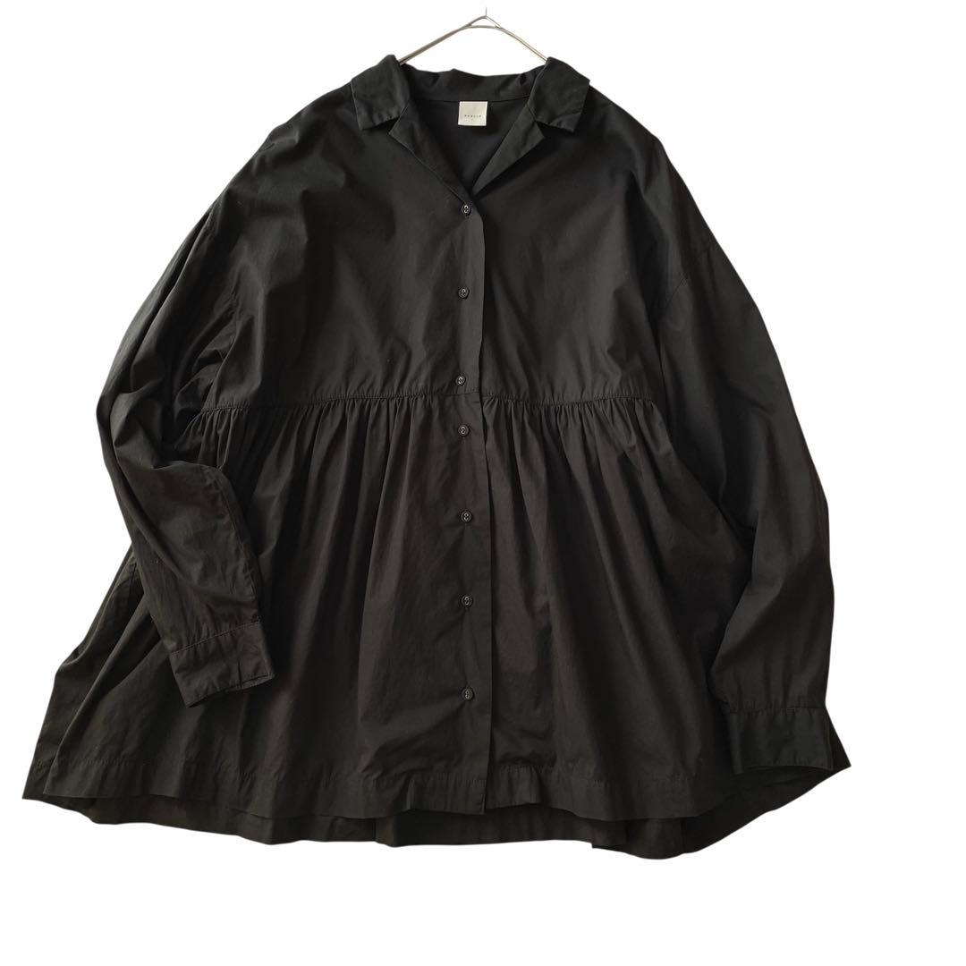 かぐれ　オープンカラーギャザーシャツ　ブラック　コットン　フリー　開襟　23 かぐれ オープンカラーギャザーシャツ ブラック コットン フリー 開襟