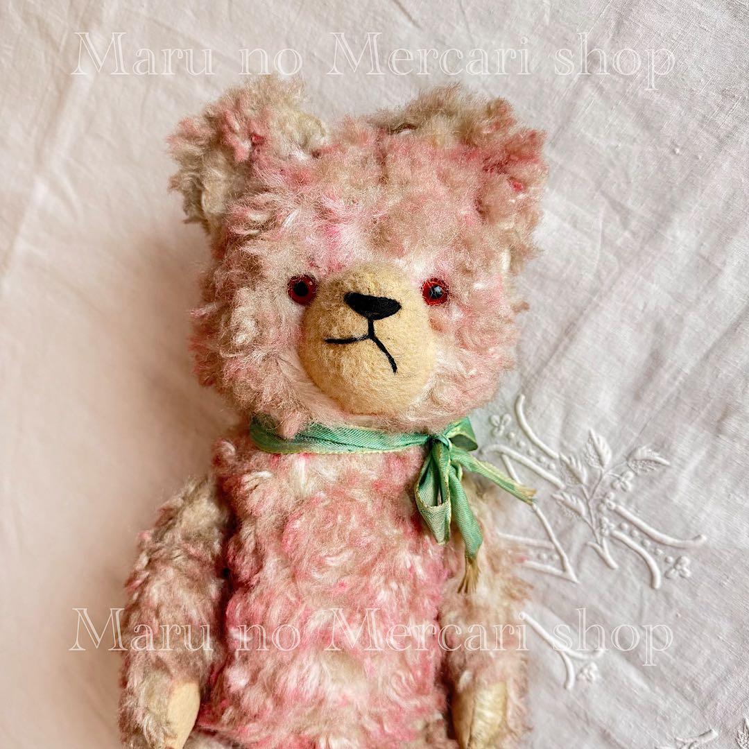 アンティーク　ドイツ　ピンクのベア　グリーンリボン　アンティークベア Vintage】 ピンク アンティークベア ぬいぐるみ ドイツ 1940 - メルカリ