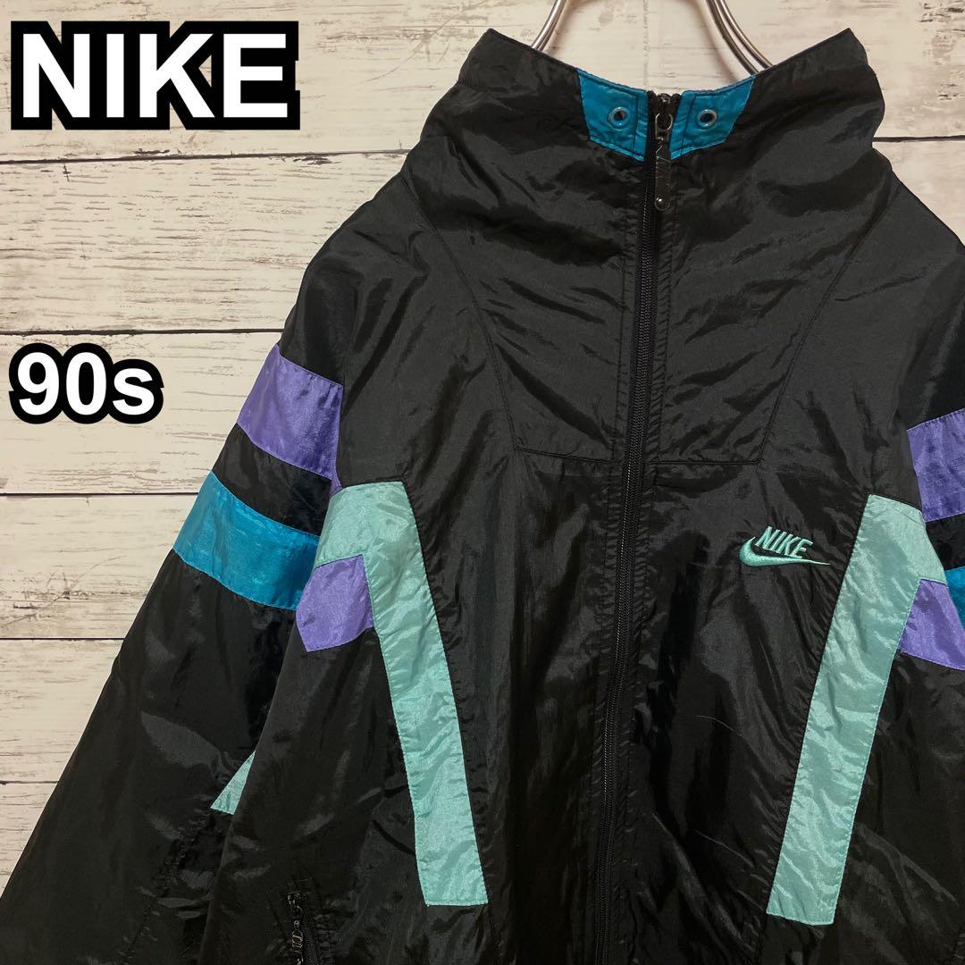 955【入手困難】ナイキ♤刺繍ロゴ　90s 銀タグ　ナイロンジャケット　美品 90s ナイキ ナイロンジャケット】 銀タグ ロゴ刺繍 チャーム XL相当 黒