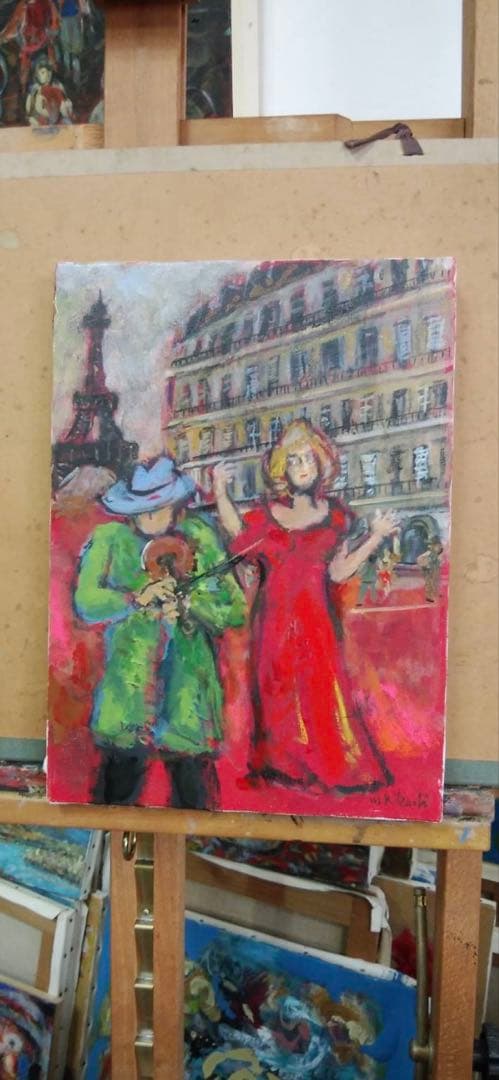 パリの芸人」菊地正則 油彩画 絵画 油絵 F4 キャンバス 額付き 匿名配送