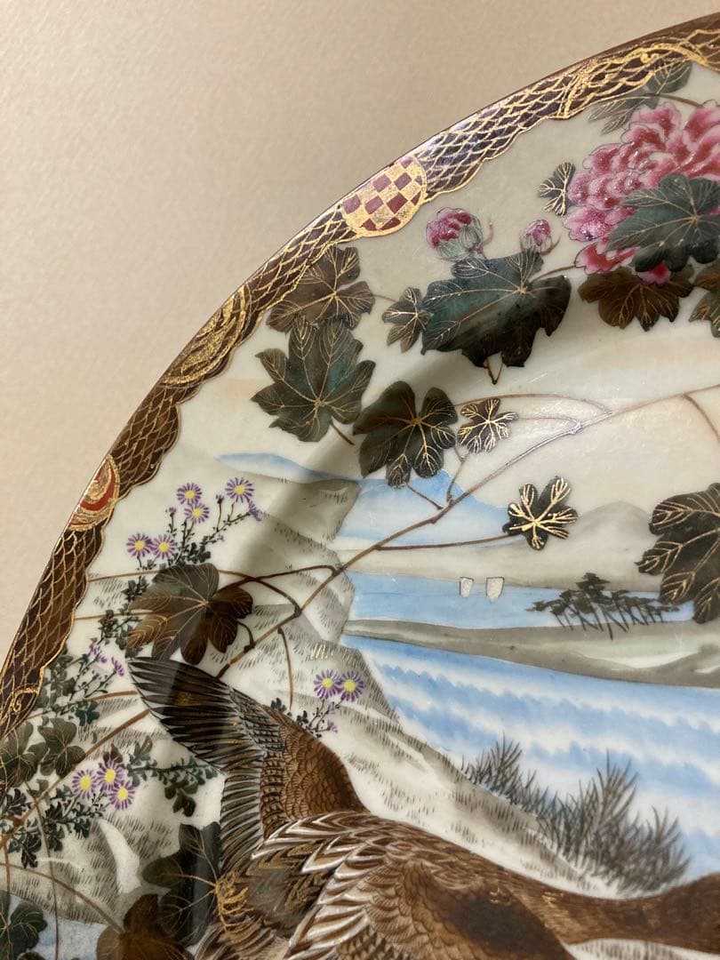 明治手描き夫婦雁と牡丹大皿2枚縁起時代〈検 横濱焼隅田焼眞葛焼