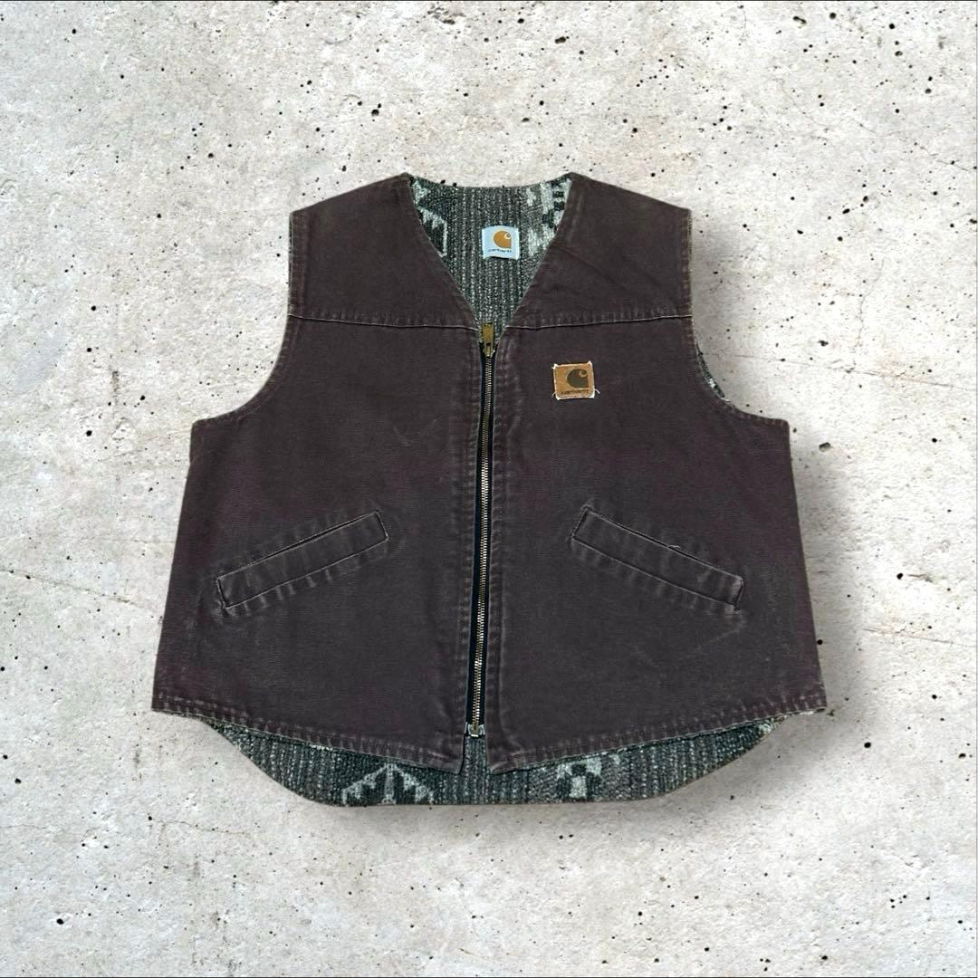 carhartt 90s ダークブラウン ダックベスト　ネイティブ柄　幾何学模様 希少 90s Carhartt サウスウエスト ネイティブ ボア ダック ベスト