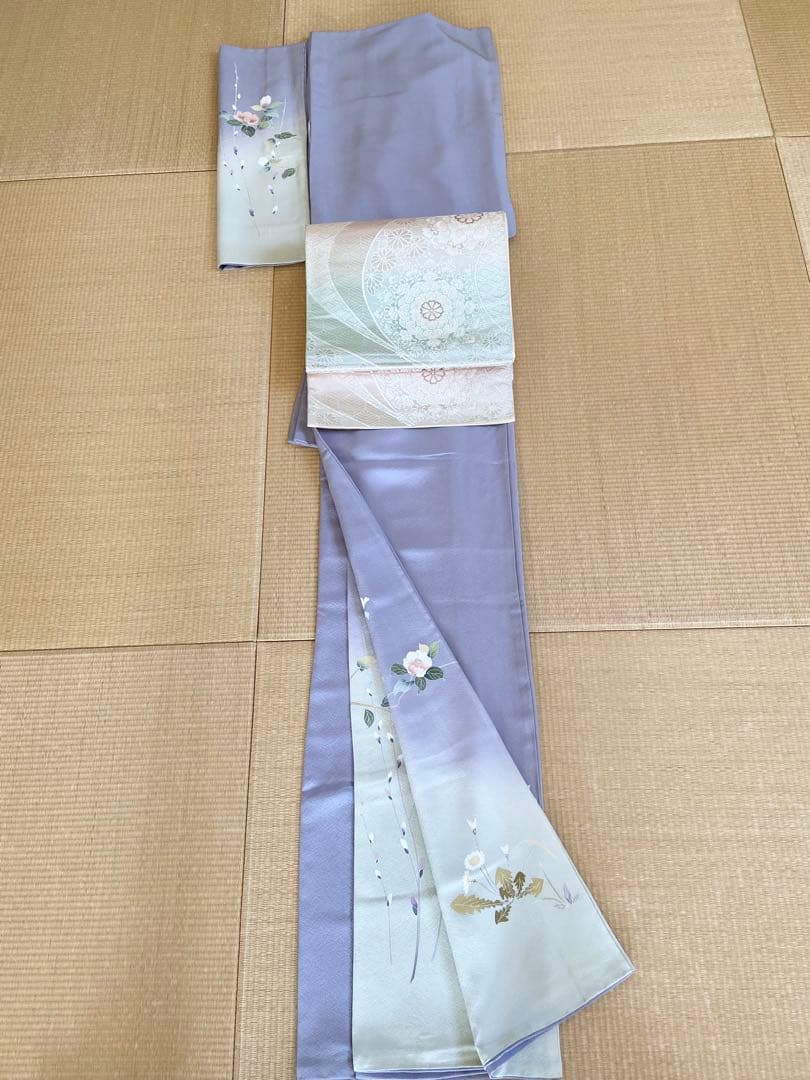 紫味のブルーグレー 友禅 花模様 訪問着（袷）フルセット トールサイズ