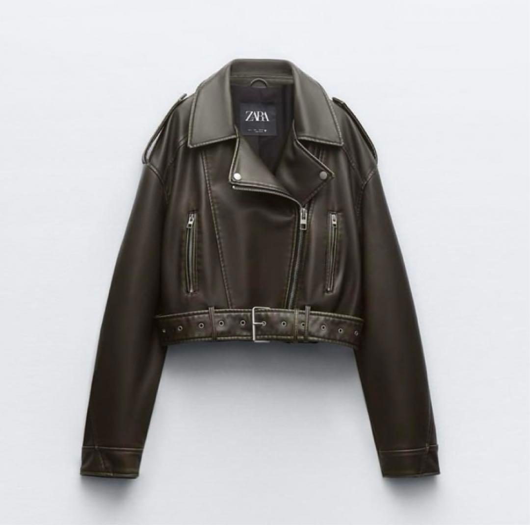 ZARA フェイクレザークロップドライダースジャケット カーキ - メルカリ