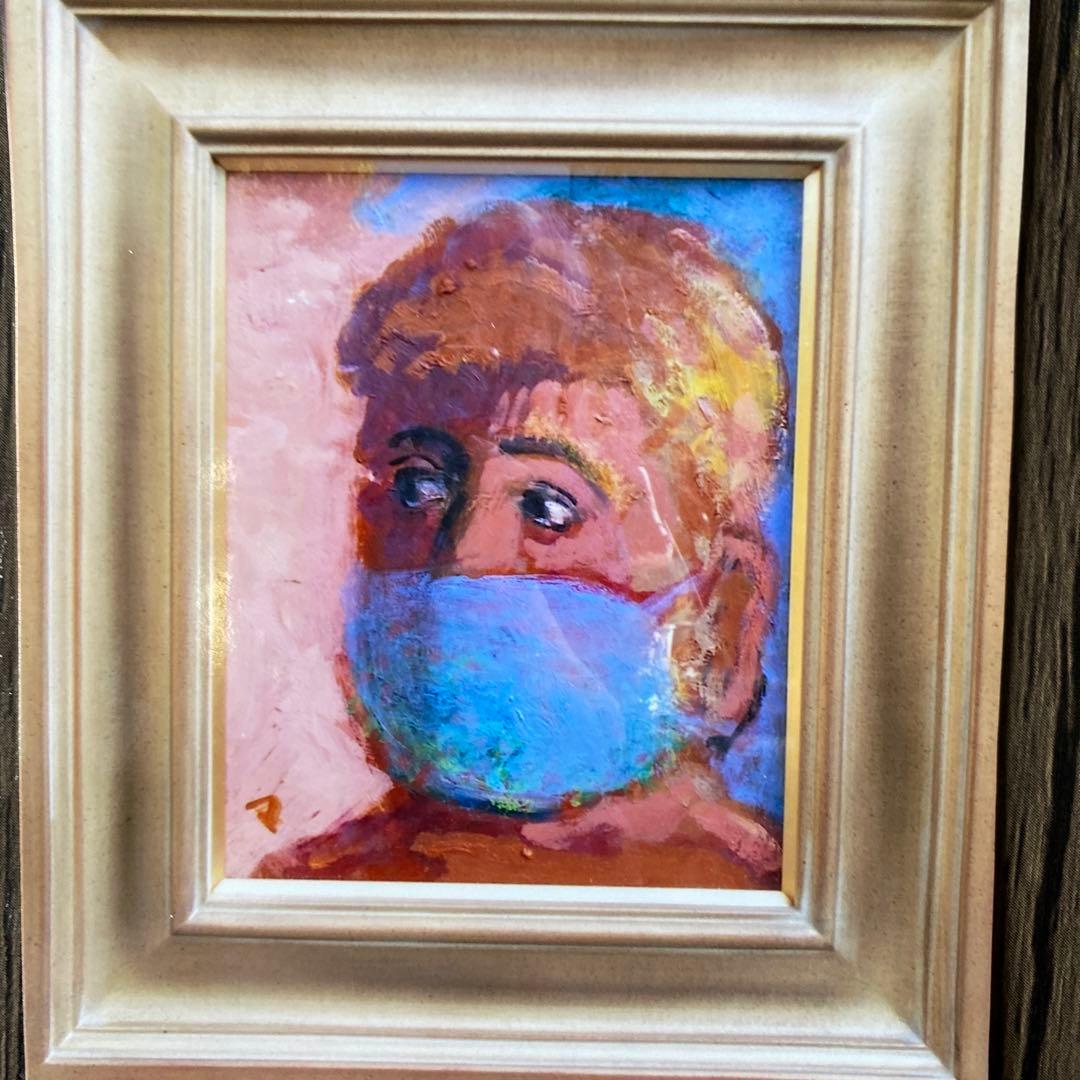 絵画 油絵 油彩画 菊地正則 「マスクをする男」F3号 額付き サインあり