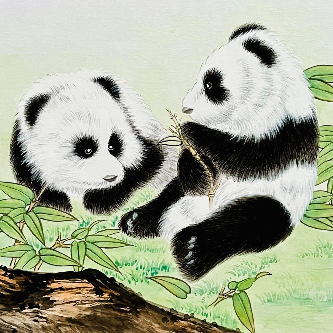 肉筆水墨画 細筆画「パンダの絵」美術品 シャンシャン レイレイ 上野