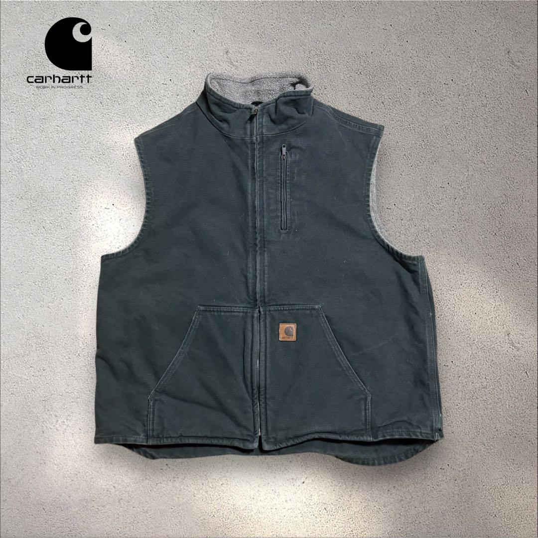 【N86】Carhartt ダック地モックネックベストXLボア裏地フェード Carhartt カーハート ダック地 モックネックベスト メンズL 古着 ボア