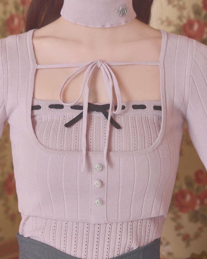 ミシェルマカロン リボンキャミアンサンブルニットトップス ピンク XS