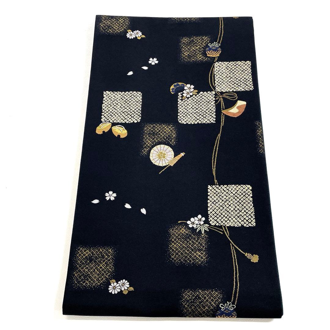 帯6525 ○東京ますいわ屋扱い 高級 正絹 六通 袋帯 番傘 櫛 下駄