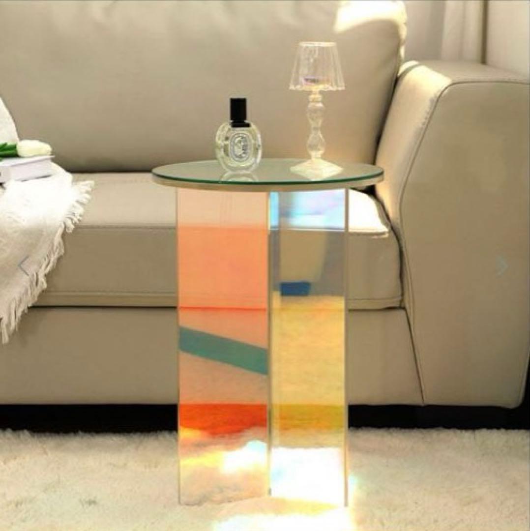 オーロラ ホログラム 韓国風アクリル円形ミニサイドテーブル aurora acrylic side table / オーロラ サイドテーブル ホログラム 棚