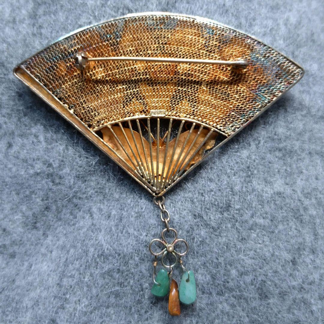 希少】七宝焼 透かし扇 銀線細工 ブローチ