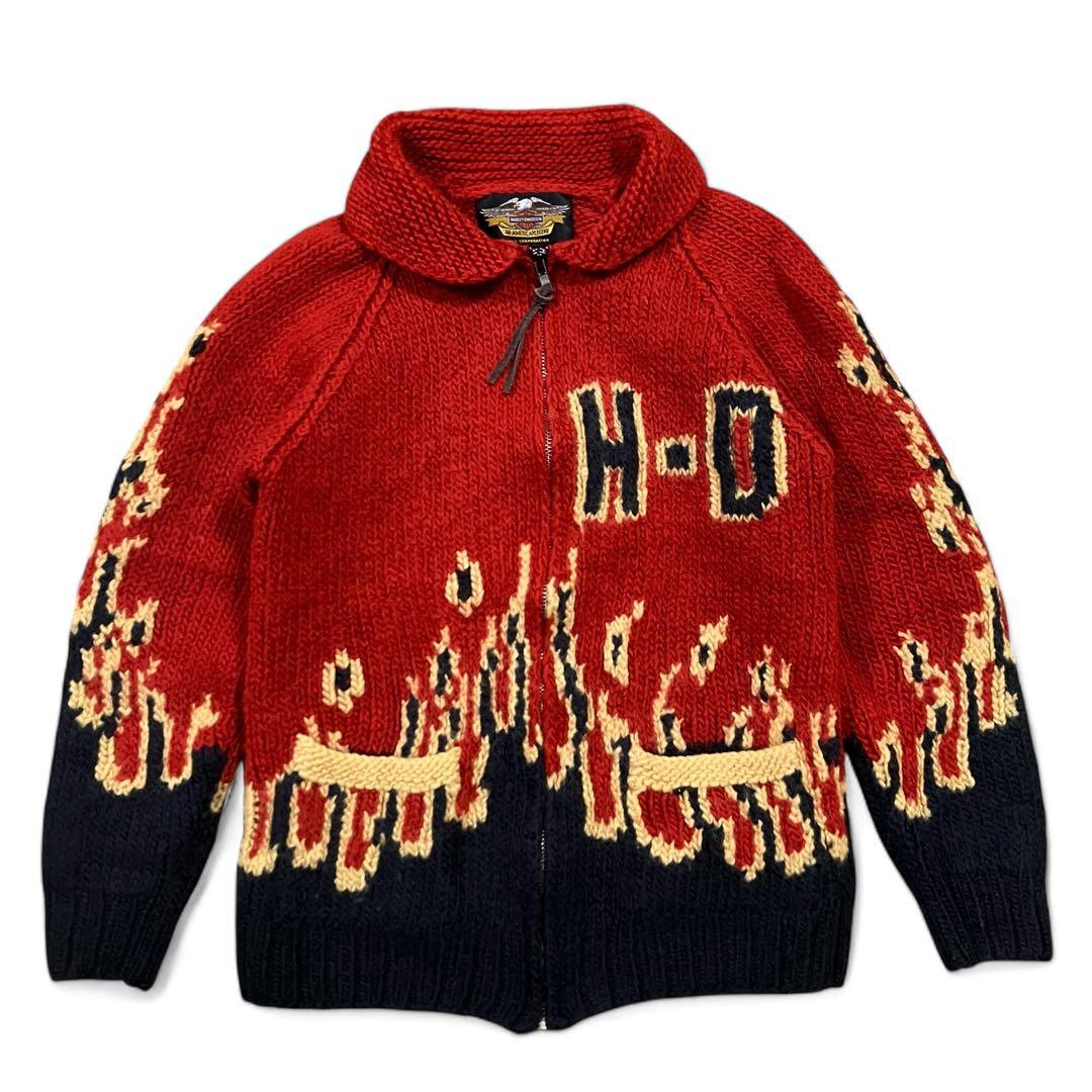 ハーレーダビッドソン ファイヤーパターン ニット カウチン ジップ 赤