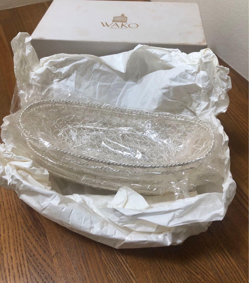 銀座和光　銀細工 おしぼりトレイ 5個セット 新品箱付 銀座和光WAKO銀細工おしぼりトレイかご編みシルバー銀加工5枚