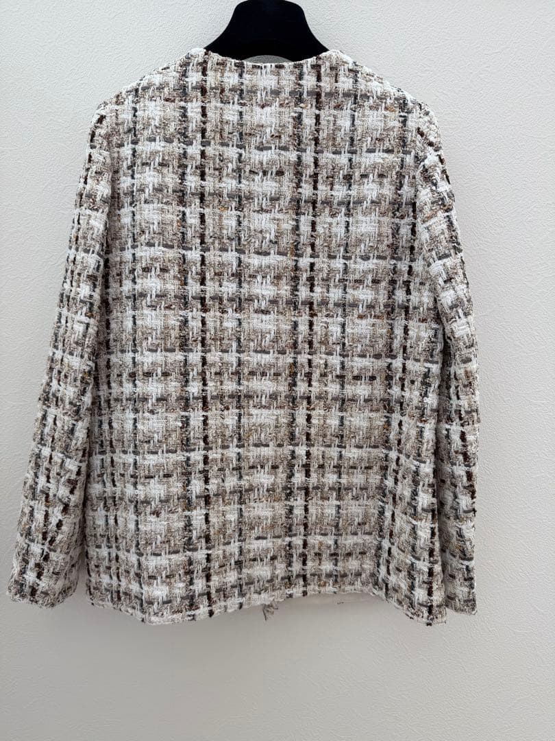 アナイ ラメスラブツイードロング ジャケット ノーカラージャケット