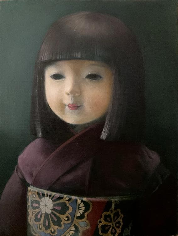 ❤️新作 油絵菅家令子絵画インテリア額(青緑＋金色枠)F6-010426市松