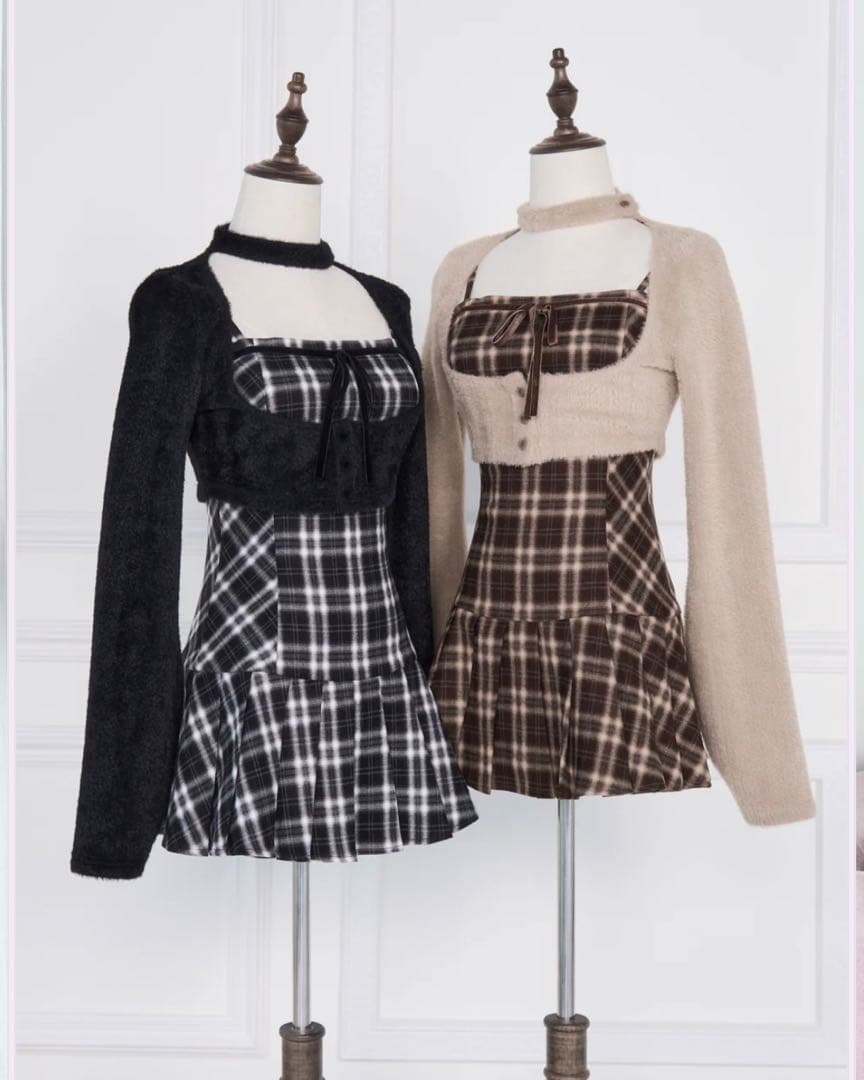 Bunnylis ファーボレロ×チェックミニワンピース ブラウン Sサイズ