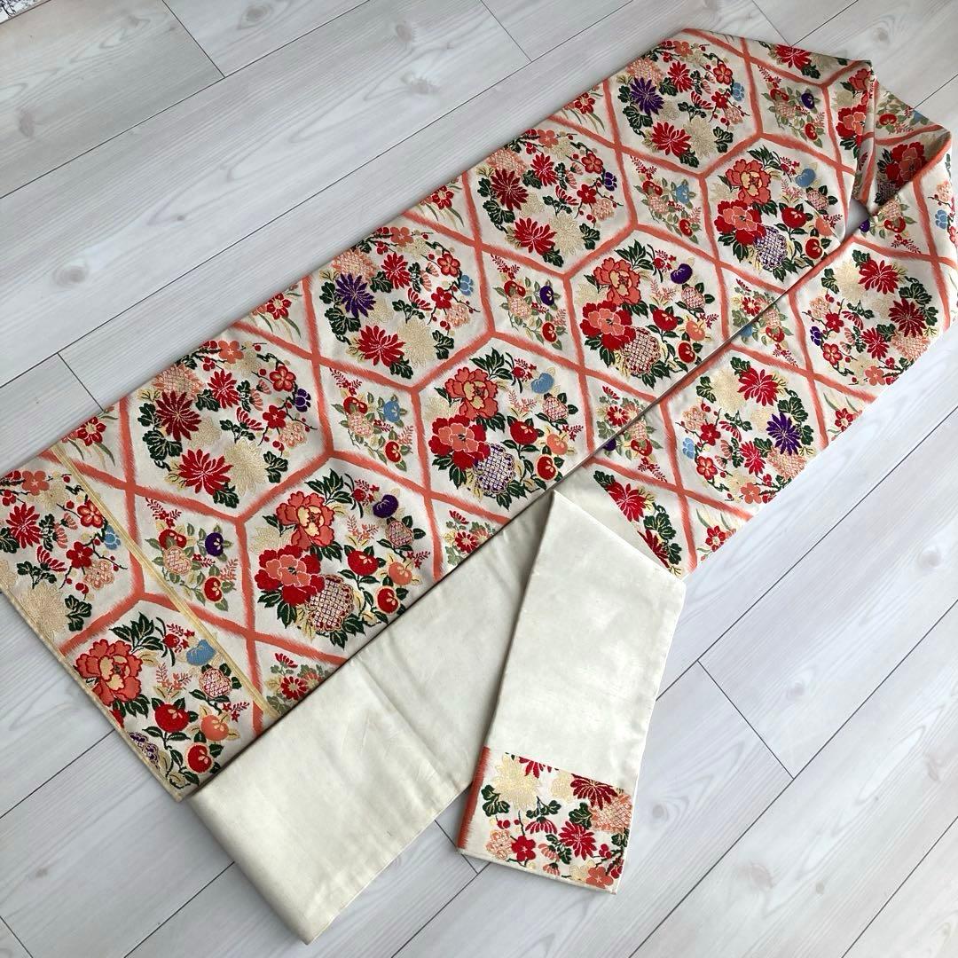 アンティーク名古屋帯 織り出し花模様 アイボリー 正絹 大正ロマンNo.28