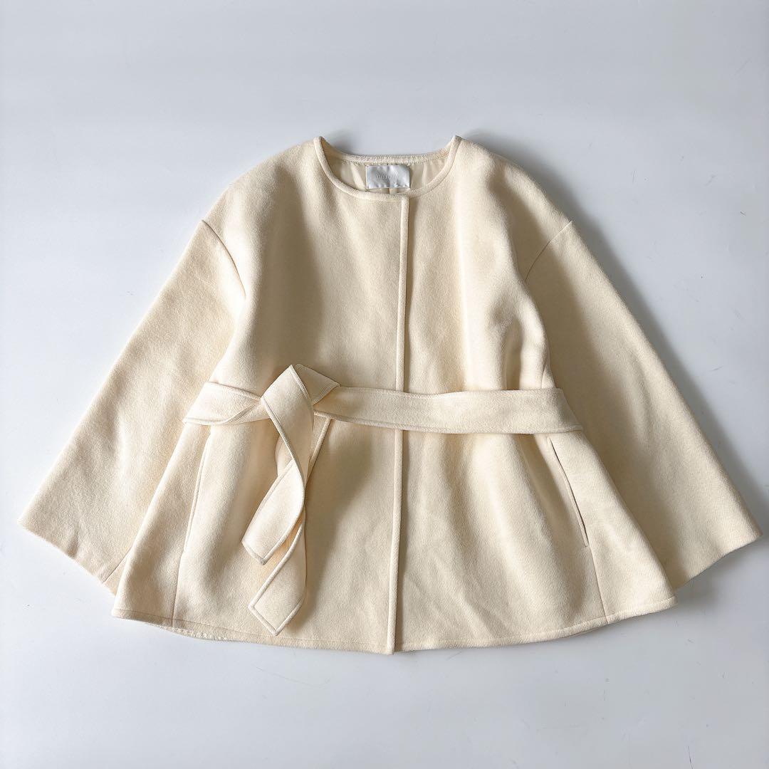 美品⁑セルフォード ノーカラーショートコート アイボリー 36 Aライン