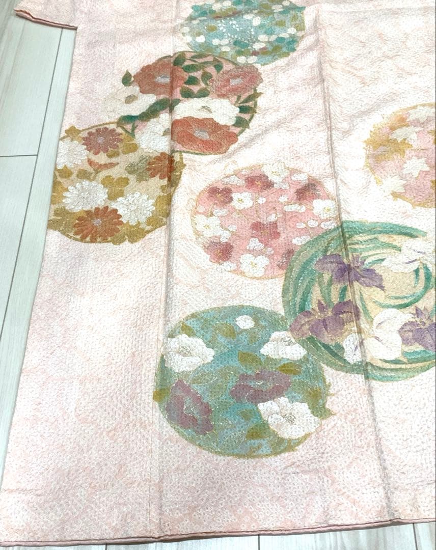 振袖 極上手描友禅 摺金箔 ピンク 絞り 正絹 中古 綸子 花丸 tkj014