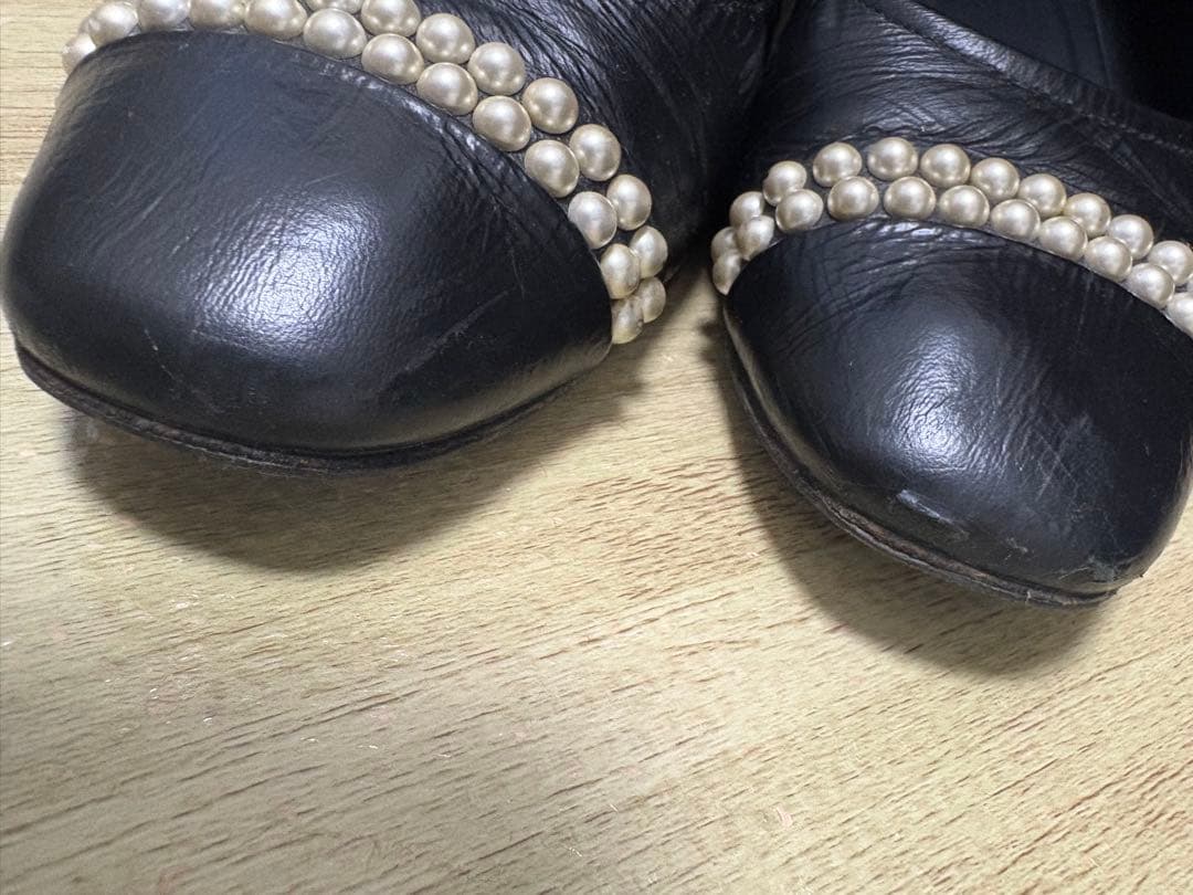 シャネル　パール付きバレエシューズ　パンプス　38 24.5cm ブラック定番