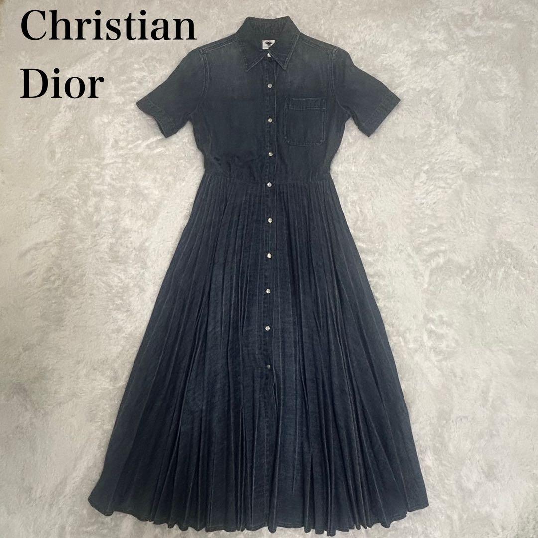 Christian Dior デニム プリーツ ワンピース 半袖 インディゴ 美品 Christian Dior クリスチャンディオール デニム シャツ プリーツ