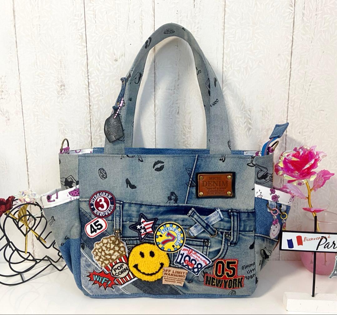 デニムリメイクバッグ　ワッペン沢山 リメイクデニムワッペン＆刺繍バッグ トートバッグ ぼんぼん堂 通販