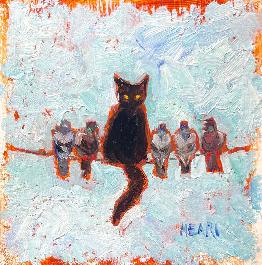 鳩に育てられた猫』油彩画 ミニ絵画 原画 手描き 額付き 黒猫 - メルカリ