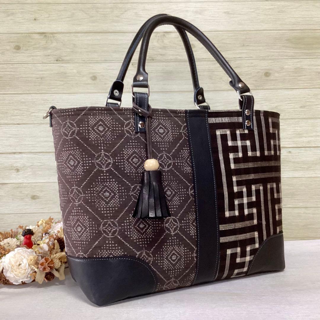 秋名バラ 大島紬 ×本革 着物リメイク トートバッグ 和装バッグ ハンドメイド D-829再販 ハンドメイド 大島紬 着物リメイク 和柄 トートバッグ