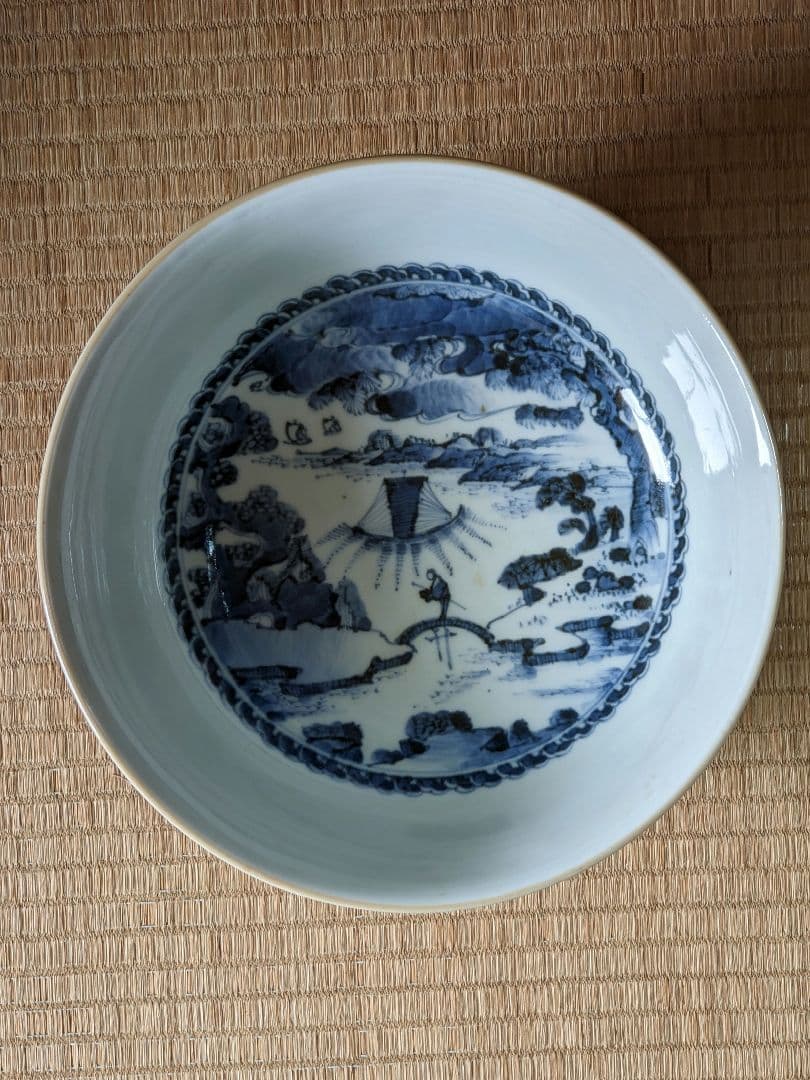 ♢江戸時代上手物古伊万里 大明成化年製 染付霊芝賢人山水図 七寸鉢