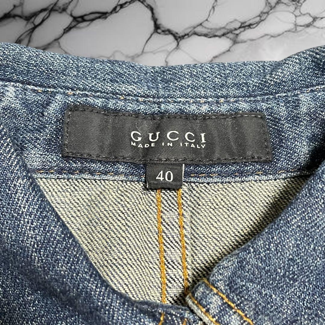 グッチ】美品デニム フリルシャツ インディゴ ロゴボタン レザータグ