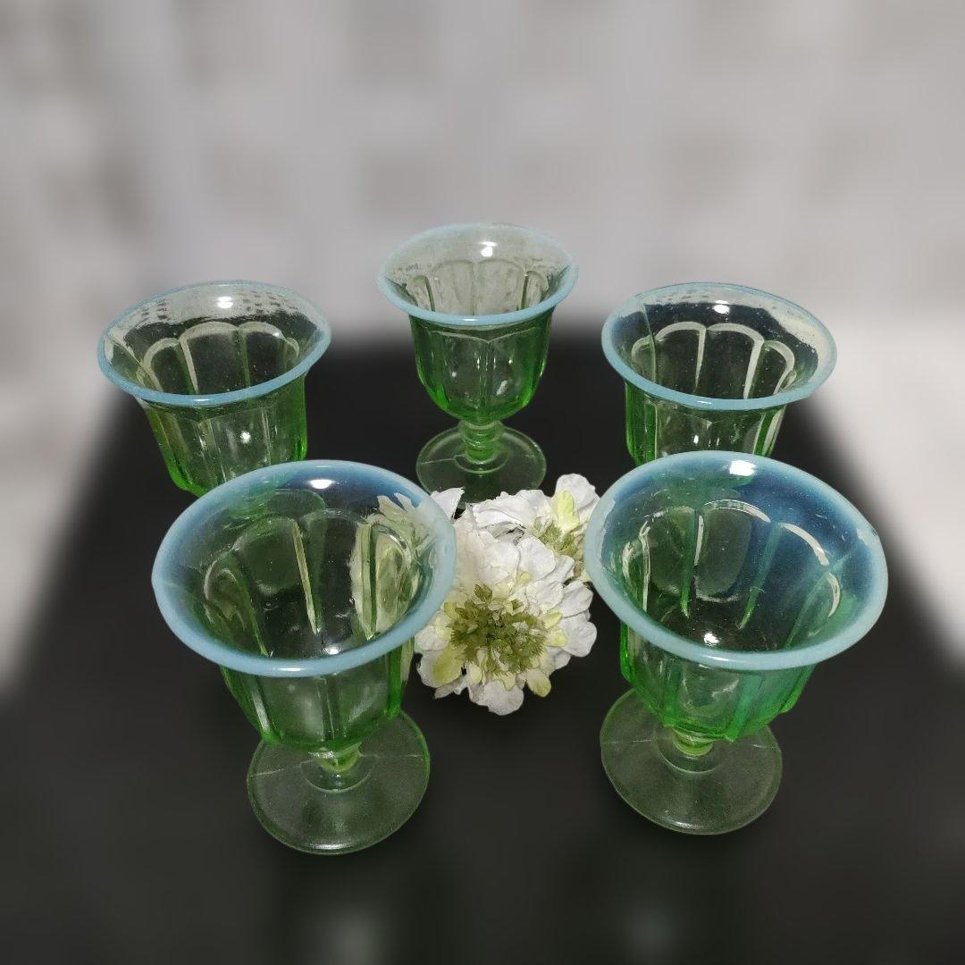 大正ロマン緑色ガラス製足付き 氷コップ5個セット 氷コップ-Antique DejaVU（アンティークデジャヴ）- – アンティーク