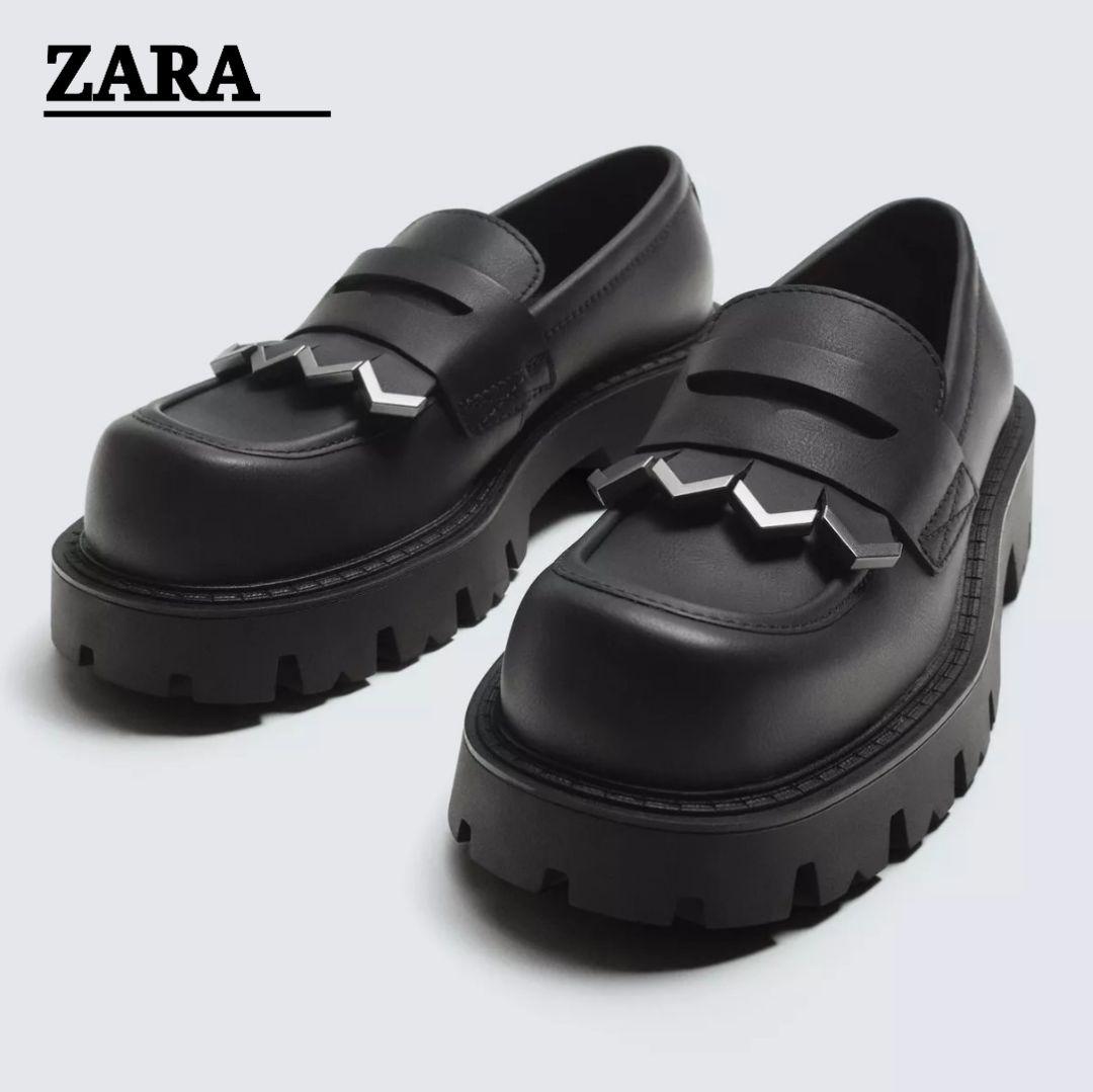 ZARA ザラ ボリュームフリンジローファー チャンキーソール 厚底 27cm ZARA - ZARA チャンキーソール フリンジペニーローファー（コイン