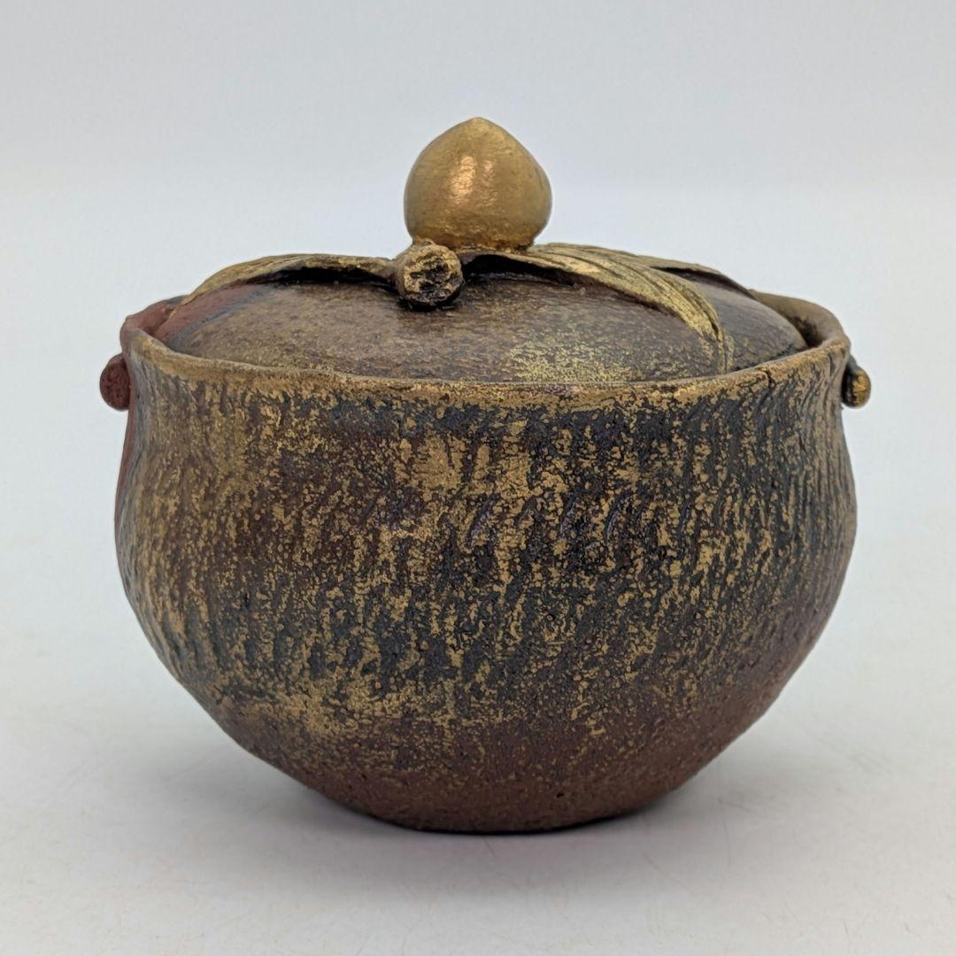 鈴木篤夫 備前焼 金彩備前桃摘宝瓶 四方桟共箱共布栞 手造り宝瓶 煎茶