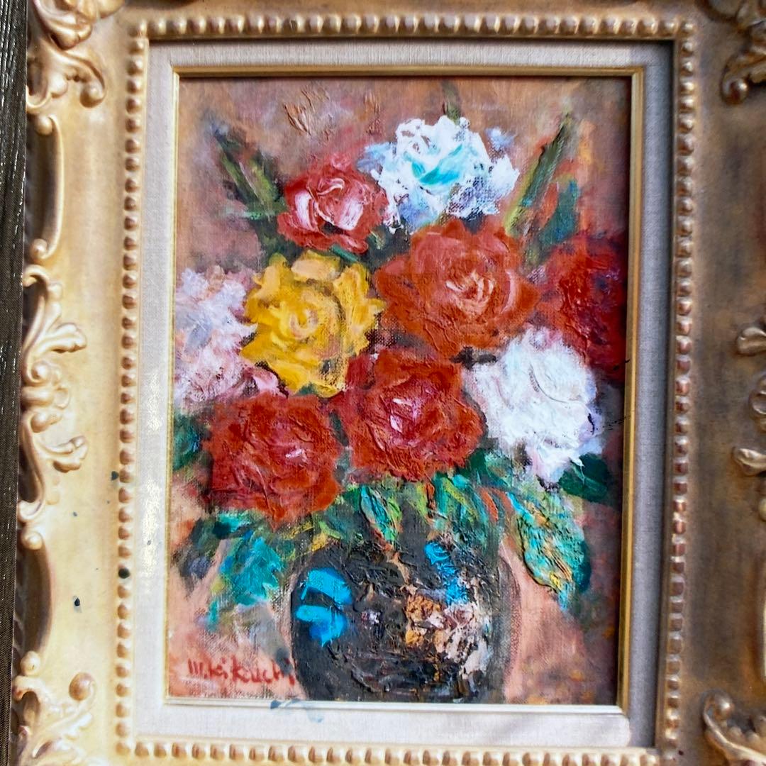 絵画 油絵 原画 「バラ」F4 額付き 華やか パリ 油彩画 美品 サイン