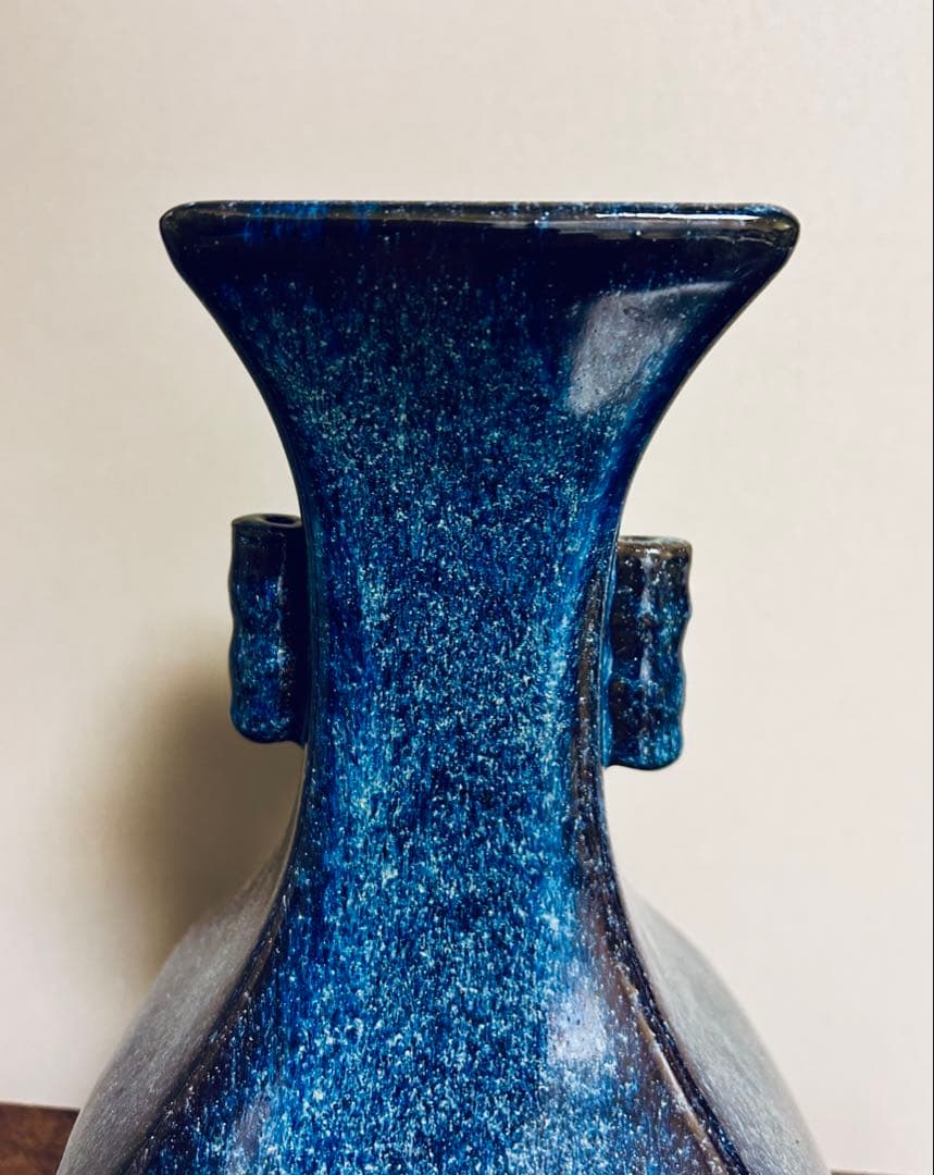 中国骨董品 宜興窯 海鼠釉 雙耳花瓶