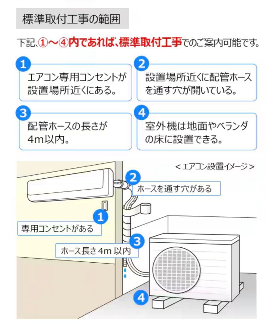 エアコン標準取付工事条件 エアコンの標準工事とはどのような内容ですか？