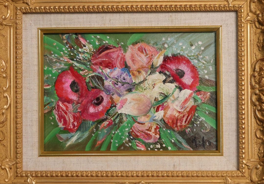 真作】中島裕子 油彩 SM号「ファンタジーの花々」額装 ポピー 薔薇