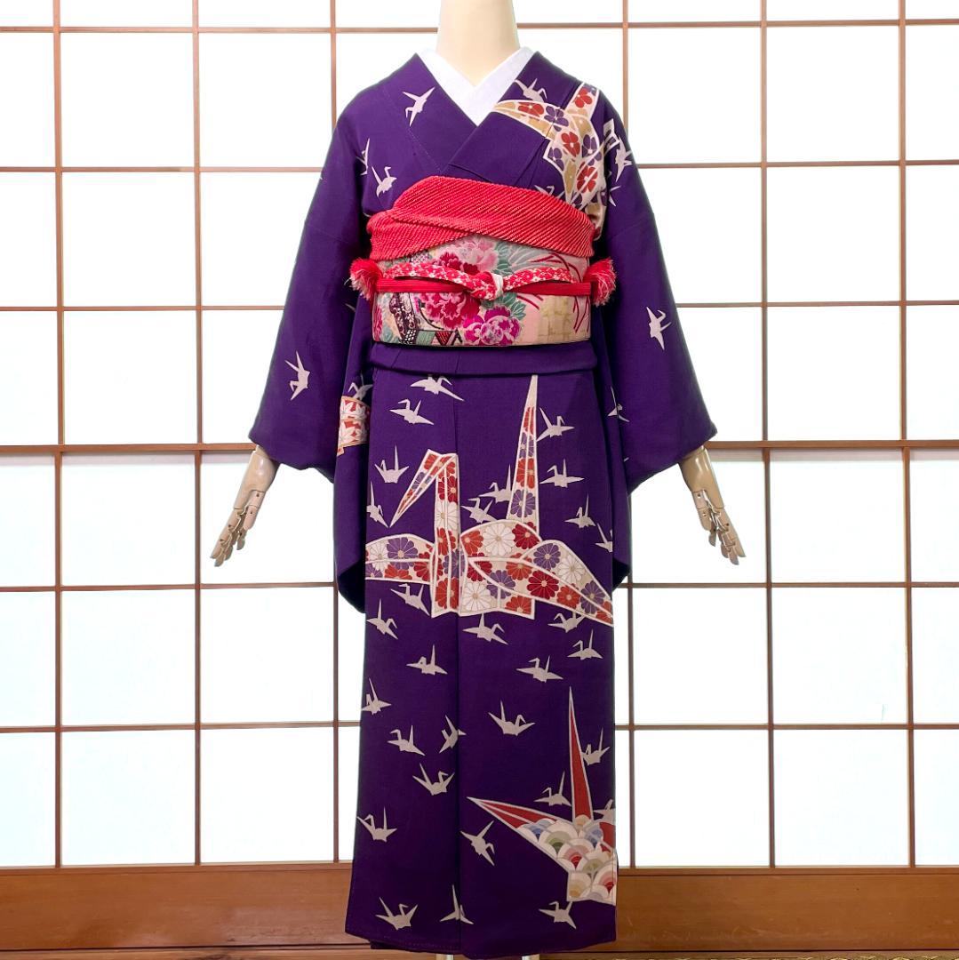 訪問着 一つ紋 正絹 ちりめん 金彩 折り鶴 紫 アンティーク着物 A-2722