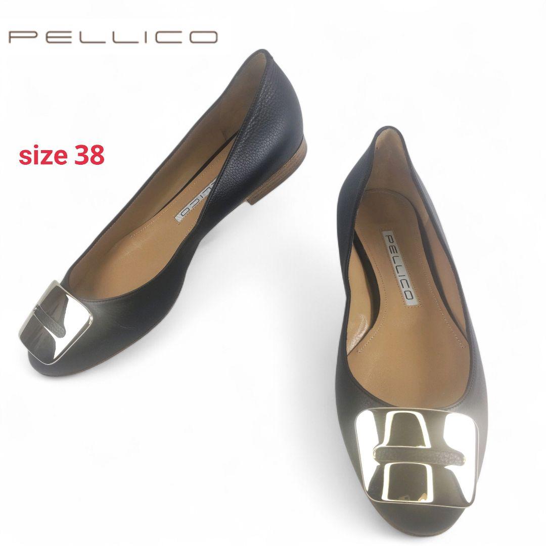 【PELLICO】極美品 GOLD ANELLI FIBBIA パンプス 38 ペリーコ PELLICO GOLD ANELLI FIBBIA フラット パンプス （BLACK