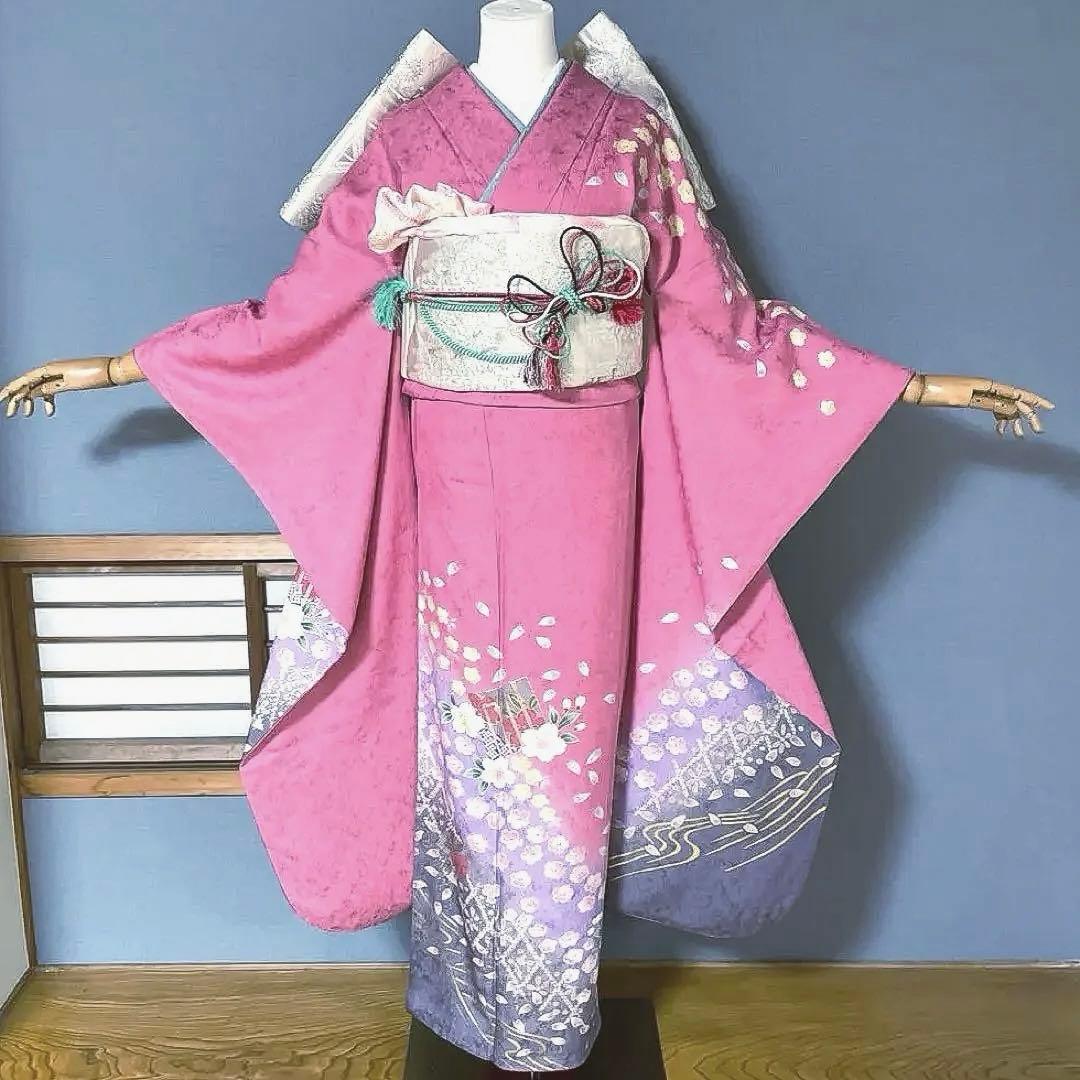 振袖フルセット　高身長　ゆったりサイズ　手描き友禅　成人式振袖　振袖　裄丈69 手描き 京友禅 正絹 振袖 ピンク 成人式 ふりそで 購入 販売 : 部坂